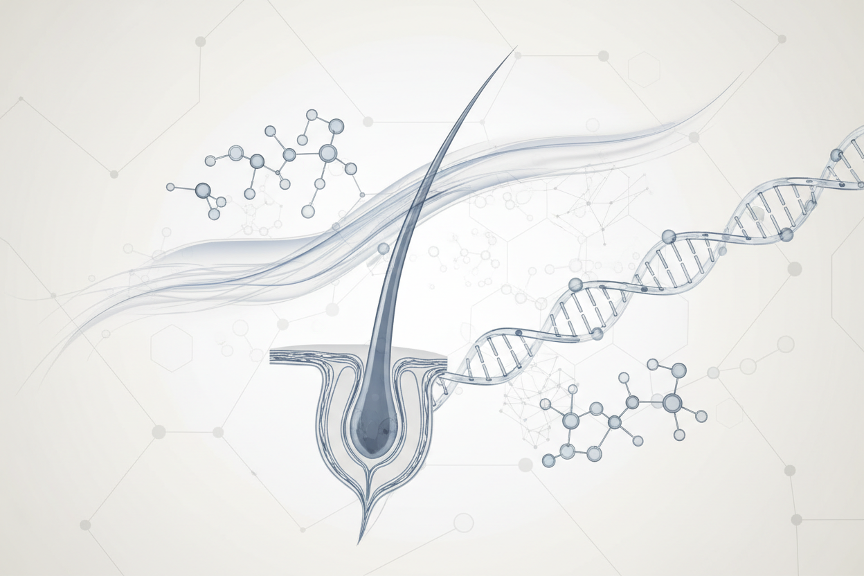 Create a clean, premium, science-driven visual concept related to hair health and modern dermatology, without showing any product bottle. Use soft cream or white backgrounds, minimalistic geometric shapes, subtle biotech elements, and a color palette inspired by blue-grey wellness brands. Include abstract representations of hair growth, follicles, or scientific textures. The style should feel luxurious, clinical, trustworthy, and aligned with high-end hair treatment brands.